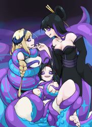  ahoge arknights bare_shoulders barefoot black_hair blaze_(arknights) blonde_hair blue_hair breast_grab breasts chin_hold cleavage clothed coils dr_yamero feet female_only femdom femsub groping hypnotic_eyes kaa_eyes kimono long_hair multicolored_hair multiple_girls naga_girl open_mouth original saileach_(arknights) sweat thighs twilight_(tentacleblast_&amp;_twilightotaku) yuri 