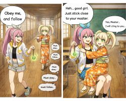 ai_art aubrey_(omori) classroom green_eyes headband hiyoko_saionji kimono night_fire_(generator) pendulum pink_hair sandals smile spiral_eyes tomboy zombie_walk