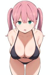  ai_art arms_behind_back bikini cleavage collarbone drool empty_eyes expressionless female_only femsub green_eyes huge_breasts leaning_forward looking_at_viewer male_pov maledom minimimic_(generator) navel open_mouth pink_hair simple_background stable_diffusion_(ai) twintails white_background 
