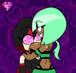  black_hair dark_skin emerald_sustrai female_only femdom femsub from_behind green_hair happy_trance heart heart_eyes hug hypnoscream large_breasts love multicolored_hair red_hair ruby_rose rwby short_hair symbol_in_eyes yuri 