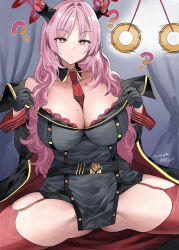  bangs blue_archive bra breasts brown_eyes cleavage coat coin confused empty_eyes expressionless female_only femsub garter_straps gloves glowing glowing_eyes halo horns huge_breasts long_hair military_uniform mizuta_kenji mole pendulum pink_hair satsuki_(blue_archive) sitting solo spread_legs straight-cut_bangs sweat thighhighs tie underwear undressing 