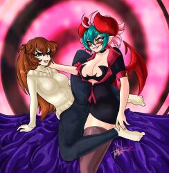  ahoge barefoot breasts brown_hair character_request cleavage clothed demon_girl earrings elf_ears evil_smile feet female_only femdom femsub green_hair hand_on_another's_cheek happy_trance horns large_breasts long_hair multicolored_hair original short_hair signature smile spiral_background spread_legs tagme tlwelker wings yuri 