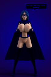 3d blue_eyes blue_hair breasts breasts_outside collar dialogue exposed_chest female_only femsub happy_trance high_heels large_breasts looking_at_viewer nude_girl_(theheckle) open_clothes original pussy solo super_hero tech_control text theheckle