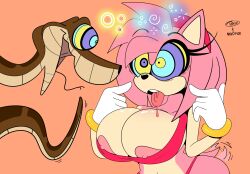 absurdres amy_rose bikini breasts breasts_outside dazed disney drool femsub furry gloves hairband hedgehog_girl howling_mad_fox_hatter huge_breasts kaa kaa_eyes maledom nipples open_mouth penken simple_background snake sonic_the_hedgehog_(series) swimsuit the_jungle_book tongue tongue_out