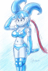 ameerashourdraws antenna black_eyes blue_hair bra cables cleavage gradient_background happy_trance jenny_wakeman my_life_as_a_teenage_robot navel opera_gloves panties saluting simple_background sketch smile tech_control thighhighs traditional trembling twintails underwear white_skin wires