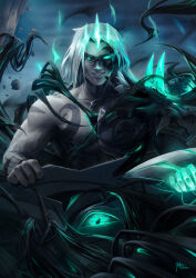 alternate_costume aura bare_shoulders body_markings control_indicator corruption crown evil_smile eye_color_change eye_mask glowing glowing_eyes green_eyes grihmdraw hair_color_change kayn_(league_of_legends) league_of_legends male_only maledom malesub mask pale_skin possession ruination slit_pupils smoke viego_(league_of_legends) weapon white_hair