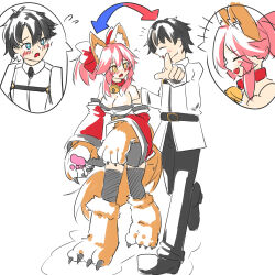  arrow bare_shoulders bell bell_collar black_hair blue_eyes blush body_swap breasts cat_ears cat_girl cat_tail cleavage closed_eyes collar embarrassed fate/grand_order fate_(series) large_breasts long_hair mimi_(himi_mimi) pants pink_hair ponytail possession ritsuka_fujimaru_(male) shirt short_hair simple_background smile speech_bubble sweat tail tamamo_cat tamamo_no_mae white_background yellow_eyes 