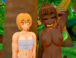  3d 9191h animated animated_eyes_only animated_gif anja_(9191h) blonde_hair blush bottomless breasts brown_hair dark_skin dialogue female_only femsub kaa_eyes large_breasts monster_girl naga_girl nanako_(9191h) nude open_mouth original ping ponytail short_hair snake_girl text topless 