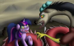 animals_only discord femsub hooves horns horse hypnotic_eyes kaa_eyes long_hair maledom multicolored_hair my_little_pony non-human_feet purple_hair size_difference twilight_sparkle