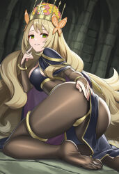 ai_art amadeus_(generator) ass ass_focus ass_grab blonde_hair breasts cape celine_(fire_emblem) clothed corruption cosplay costume crown empty_eyes female_only femsub fire_emblem fire_emblem_awakening fire_emblem_engage from_behind green_eyes happy_trance kneeling large_ass looking_at_viewer looking_back nintendo princess royalty sitting smile solo tharja very_long_hair