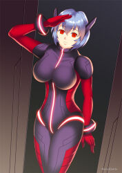  antenna blue_hair bodysuit breasts empty_eyes expressionless female_only haryudanto large_breasts neon_genesis_evangelion red_eyes rei_ayanami robotization saluting short_hair standing standing_at_attention tech_control 