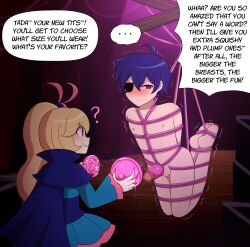  ahoge arms_behind_back balls blonde_hair blue_hair blush bondage breast_implants cape censored comic dialogue embarrassed english_text eyepatch feet femdom feminization lazzysin legs long_hair malesub nipples nude original penis pink_eyes ponytail red_eyes restrained rope short_hair side_ponytail smile speech_bubble standing sweat tentacles text transformation trembling unusual_pupils 