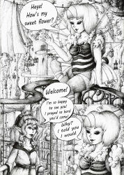 absurdres bee_girl breasts bug_girl comic elf elf_ears female_only justsketchingviolets large_breasts original short_hair smile text traditional