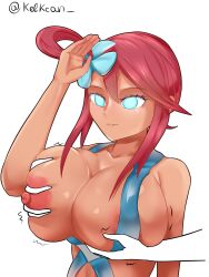  absurdres bikini blue_eyes breast_grab breasts empty_eyes erect_nipples eyebrows_visible_through_hair femsub flower flower_in_hair glowing glowing_eyes groping hair_ornament kelkcan large_breasts nintendo nipples one_breast_out pokemon red_hair saluting signature simple_background skyla_(pokemon) sling_bikini text white_background 