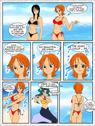 beach bikini black_hair breasts comic dialogue empty_eyes female_only femdom femsub fish_girl flute green_hair happy_trance hypnotic_audio hypnotic_music instrument jimryu large_breasts long_hair mermaid nami_(one_piece) navel nico_robin one_piece orange_hair red_hair short_hair spiral_eyes standing standing_at_attention swimsuit symbol_in_eyes text zombie_walk