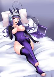  bed breasts collarbone exposed_chest female_only femsub helmet horns laptop leotard mole original purple_hair revista-paradoja solo tagme tech_control thighhighs vala_(anno) 