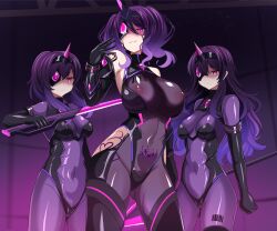  bangs barcode bare_shoulders bodysuit boots breasts cameltoe crotch_tattoo cuffs empty_eyes expressionless female_only femsub gloves glowing_eyes headdress horns hyper_hetappi jewelry leotard long_hair looking_at_viewer multicolored_hair multiple_girls multiple_subs navel nipples opera_gloves original pink_eyes ponytail purple_hair red_eyes rubber see-through small_breasts smile spear standing sword tattoo thigh_boots thighhighs twintails weapon 