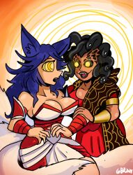 ahri_(league_of_legends) arm_bands black_hair blue_hair braers breastrs cleavage clothed collarbone dress femdom femsub fox_ears fox_girl fox_tail gameboyred glowing_eyes hypnotic_eyes large_breasts league_of_legends lipstick long_hair medusa_(stray_gods) open_mouth ring_eyes sharp_teeth signature simple_background smile snake_hair spiral_background spiral_eyes standing stray_gods symbol_in_eyes yellow_eyes