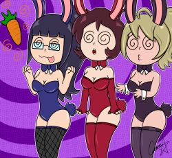  black_hair blonde_hair breasts brown_hair bunny_ears bunnysuit carrot cuffs fake_animal_ears female_only femsub fishnets glasses hypnotic_food imasuky_lomae_(imasuky) large_breasts maddy_(duckydaduck) multiple_girls original shyker simple_background spiral spiral_eyes symbol_in_eyes trippy_(trippy) 