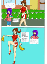  angry brown_hair carlosfco cheerleader dialogue femdom femsub julia_(carlosfco) kiddom kigi_(carlosfco) large_breasts long_hair original purple_hair spiral_eyes text 