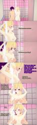 absurdres altered_common_sense blonde_hair breast_grab breasts closed_eyes dialogue embarrassed english_text femsub green_eyes grey_eyes groping maledom nipples nude original purple_hair short_hair shower text zenin1 
