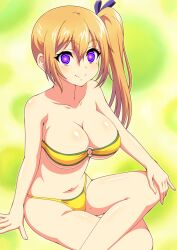 absurdres bikini blonde_hair breasts cleavage clothed_exposure female_only femsub happy_trance icontrol_(manipper) kasanui large_breasts looking_at_viewer mai_kawakami manip mole myriad_colours_phantom_world navel side_ponytail sitting smile spiral_eyes swimsuit symbol_in_eyes