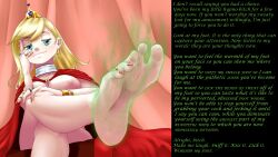 barefoot breasts cape caption choker crown earrings feet femdom foot_focus foot_licking foot_worship glowing glowing_eyes huge_breasts hypnotic_eyes hypnotic_feet jewelry jkl64_(manipper) licking looking_at_viewer manip nail_polish oppaimagpie pov pov_sub princess smell sweat text western