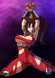 arms_above_head bodysuit bondage breasts brown_hair cameltoe dazed drool erect_nipples female_only femsub glowing glowing_eyes kinkymation kneeling large_breasts open_clothes open_mouth ponytail purple_eyes ring_eyes short_hair solo soul_calibur_(series) sweat symbol_in_eyes taki_(soul_calibur) tongue torn_clothes