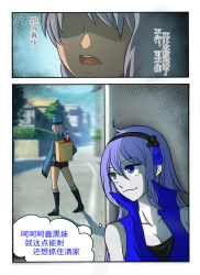 blue_hair blue_skin boots cleavage comic costume hat heterochromia kimujo_world long_hair open_mouth original short_hair text thought_bubble translation_request umbrella