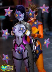 3d black_eyes blender bodysuit breasts brown_hair cleavage corruption crossover dc_comics exposed_chest long_hair overwatch parasite ponytail possession purple_hair short_hair starro supercasket superman_(series) tracer widowmaker yellow_sclera