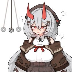 bow breasts clothed coin confused dazed demon demon_girl drool eyebrows_visible_through_hair female_only femsub glasses hair_ornament hat horns kim_aendeo large_breasts open_mouth original pendulum red_eyes simple_background skirt solo very_long_hair white_background white_hair