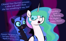  animals_only dialogue female_only femdom femsub horns horse horse_girl humor long_hair moonatik multicolored_hair multiple_girls my_little_pony nightmare_moon open_mouth princess princess_celestia smile symbol_in_eyes text tongue wall_eyed 