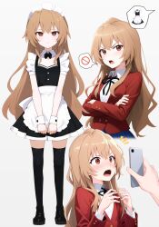  ai_art apron bangs before_and_after blush brown_eyes brown_hair cell_phone crossed_arms dialogue drool empty_eyes expressionless femsub guilegaze_(generator) guilegaze_(manipper) jacket long_hair looking_at_viewer maid maid_headdress multiple_views open_mouth ribbon right_to_left school_uniform shirt shoes skirt speech_bubble standing surprised taiga_aisaka tech_control thighhighs toradora very_long_hair white_background 