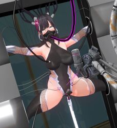  3d armpits beam before_and_after black_hair blue_eyes blush boots brain_drain cables corruption cosplay custom_maid_3d_2 dfish303 empty_eyes eye_roll female_only fishnets gas_mask gloves hair_ornament injection large_breasts leotard opera_gloves original ponytail restrained ribbon sex_machine solo spread_legs taimanin_(series) tears thigh_boots thighhighs vaginal wires 
