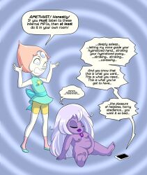  amethyst bbw bottomless breasts cartoon_network chibi chubby closed_eyes dialogue dina-m fat female_only femsub fingering happy_trance humor large_breasts long_hair masturbation nude pearl_(steven_universe) short_hair steven_universe tech_control text topless 