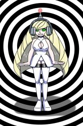 absurdres antenna blonde_hair breasts female_only fembot femsub happy_trance headphones hypnotic_accessory large_breasts latex looking_at_viewer lusamine milf nintendo pokemon pokemon_sun_and_moon robotization smile spiral_eyes supertechno324 symbol_in_eyes tech_control very_long_hair
