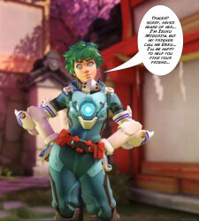 altered_common_sense altered_perception alternate_costume armor clothed dialogue female_only femsub gauntlets green_hair hand_on_hip identity_swap izuku_midoriya manip masculinization my_hero_academia outdoors overwatch ravenhypno_(manipper) screenshot short_hair solo speech_bubble text tracer