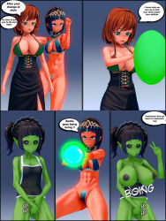  absurdres blue_eyes booru505 breast_expansion breasts breasts_outside comic dancing green_eyes harem_outfit large_breasts maid masturbation nipples open_mouth red_hair speech_bubble tagme text 