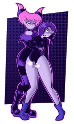 bare_legs dc_comics demon_girl dress empty_eyes female_only femdom femsub fingering goth grey_skin jinx large_breasts legs leotard pantyhose pink_hair purple_hair raven short_hair short_skirt singlesalt small_breasts super_hero teen_titans thick_thighs thighs yuri
