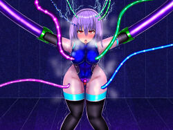  aosaki_orange blush bodysuit boots brain_injection breath cables corruption electricity empty_eyes eye_roll female_only femsub gloves high_heels injection large_breasts leotard purple_hair pussy_juice red_eyes restrained rubber solo sweat tech_control thick_thighs thigh_boots thighhighs trembling 