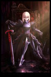  alternate_costume angra_mainyu armor body_markings clothed corruption crossed_legs expressionless eye_color_change fate/stay_night fate/stay_night_heaven&#039;s_feel fate_(series) hair_color_change koji_eto official official_art platinum_blonde_hair possession saber saber_alter short_hair sitting sword weapon yellow_eyes 