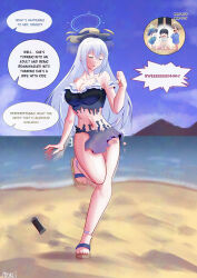 absurdres age_progression ass ass_expansion bare_shoulders beach blue_archive breast_expansion closed_eyes collarbone dialogue embarrassed english_text eyebrows_visible_through_hair femsub growth hair_growth hair_ornament halo hat hypnotic_drink long_hair memory_alteration midriff milf miyako_(blue_archive) mporci_tsf navel one-piece_swimsuit open_mouth ribbon sandals self_hypnosis shrunken_irises signature speech_bubble swimsuit text thigh_gap thighs torn_clothes transformation white_hair