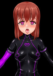  black_background blush bodysuit brown_eyes brown_hair catsuit drool erect_nipples erect_nipples_under_clothes female_only femsub gloves glowing_eyes latex long_hair looking_at_viewer multicolored_eyes open_mouth opera_gloves pink_eyes rubber simple_background solo sweat symbol symbol_in_eyes tears tongue tongue_out tsumadzu 