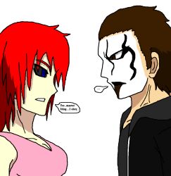 black_sclera blue_eyes breasts brown_hair doudile empty_eyes expressionless femsub large_breasts lipstick makeup maledom red_hair short_hair sting text white_background wwe