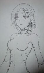 bodysuit empty_eyes expressionless femsub greyscale monochrome open_mouth short_hair sketch tech_control traditional