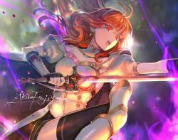  ahoge armor aura bare_shoulders cape celica_(fire_emblem) corruption dress dress_shirt earrings female_only femsub fire_emblem fire_emblem_echoes fire_emblem_heroes fujikawa_akira gloves glowing_eyes hair_band jewelry long_hair looking_at_viewer nintendo open_mouth opera_gloves orange_hair possession red_eyes short_skirt shorts sword thighhighs thighs witch 
