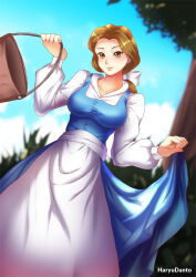 beauty_and_the_beast belle breasts brown_hair cleavage disney haryudanto large_breasts ponytail princess short_hair