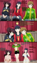  3d absurdres black_hair bra brown_hair cat_pose chicken_pose chie_satonaka crossed_eyes dialogue drool english_text exposed_chest eye_roll female_only femsub hairband happy_trance heavy_eyelids jacket liz_b persona_(series) persona_4 pet_play pocket_watch rise_kujikawa short_hair skirt smile stage_hypnosis text tomboy tongue_out topless twintails underwear watermark yukiko_amagi 