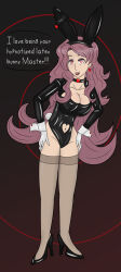  black_clover bunny_ears bunny_girl cleavage collar collarbone cuffs dialogue earrings fake_animal_ears fake_tail female_only femsub gloves hand_on_hip high_heels hy2300 large_breasts latex leaning_forward maledom open_mouth pink_hair red_eyes simple_background smile speech_bubble spiral spiral_background spiral_eyes standing symbol_in_eyes text thighhighs vanessa_enoteca very_long_hair 