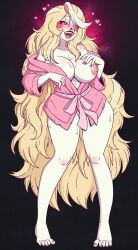 bimbofication blonde_hair blush breasts breasts_outside charlie_(hazbin_hotel) clothed clothed_exposure dialogue english_text female_only femsub hazbin_hotel heart heart_eyes long_hair nipples pink_eyes robe solo symbol_in_eyes text wrenzephyr2